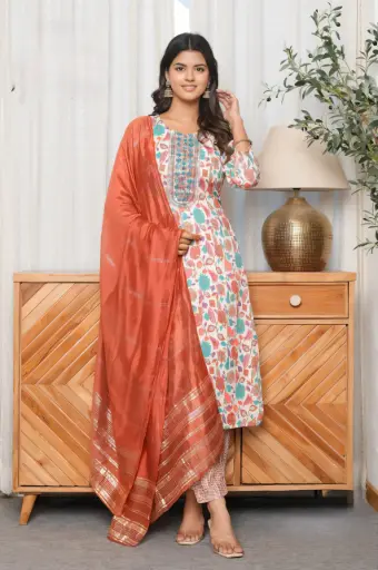 Elegant Floral Print Rayon Kurti Pant Dupatta Set for Women